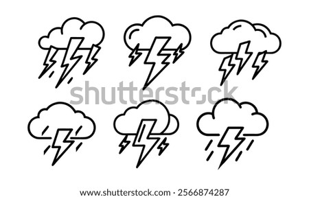 Thunderstorm Icon Set in Minimal Style, Collection of thunderstorm icons featuring clouds, lightning bolts, and rain, ideal for weather forecasts and design elements. 