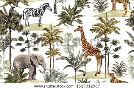 Beautiful tropical vintage hawaiian palm trees, zebra, giraffe, elephant, leopard. Hand drawn floral seamless pattern on the white background. Exotic jungle wallpaper.
