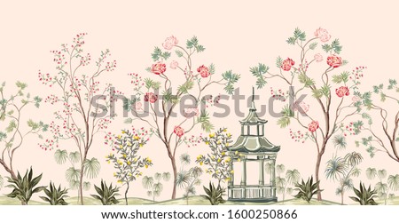 Beautiful exotic chinoiserie seamless pattern. Hand drawn vintage chinese rose trees, sakura, palms, flowers, pavilion, lemon trees. Floral seamless border pink background.