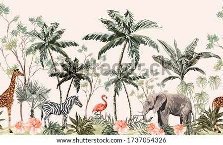 Hand drawn tropical vintage botanical landscape border with palm trees, banana trees, palm leaves, hibiscus flowers, giraffe, zebra, elephant.Jungle animal wallpaper