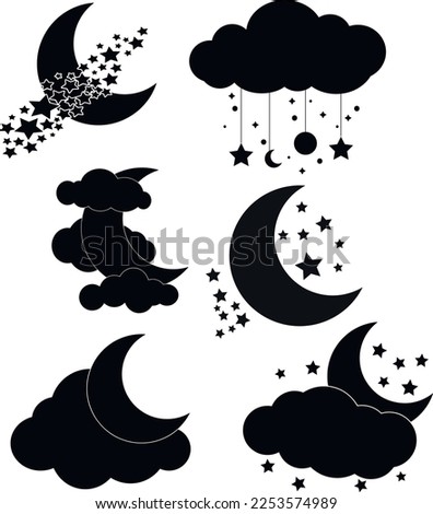 Moon, clouds and stars itsons, dreams symbol, Night or bed time sign, SVG Vector