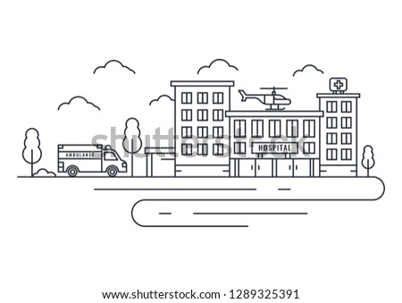 Hospital building with ambulance and helicopter in thin line style. Vector Illustration