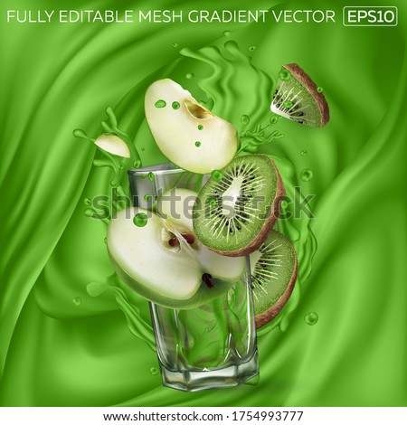 Kiwi and apple slices, transparent glass, green juice splashes