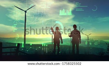 Engineers are watching over the work of wind turbines and virtual data. 3D illustration