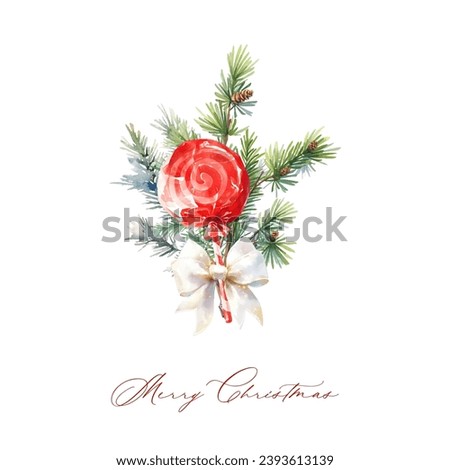 Fir green branch, lollipop cane, red bow satin ribbon with text Merry Christmas.