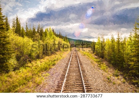 Illustrative image of rail road tracks disappearing into forest.  Tracks are under cloudy sky with sun flare.