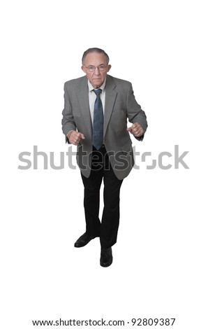 Mature business man wearing sport coat and tie ready for a fight. Isolated on white.