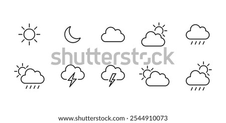 Weather web icons set. Containing clouds, temperature, sunny day, rain, wind and more. Simple web icons set