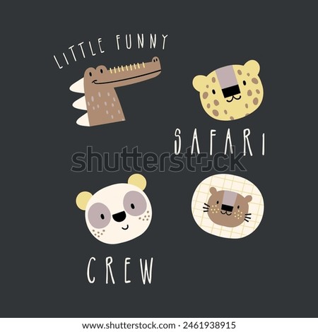 textile print design with scute alligator, leopard, panda and lion head drawing as vector
