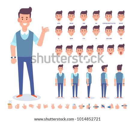 Young man character for your scenes. Character creation set with various views,  face emotions,  lip sync, poses and gestures. Separate Parts of body. Cartoon style, flat vector illustration.