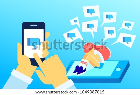 Upset crying girl sitting on the mobile's screen with social media dislike icons around. Thumbs Down.  Virtual haters concept. Flat vector illustration.