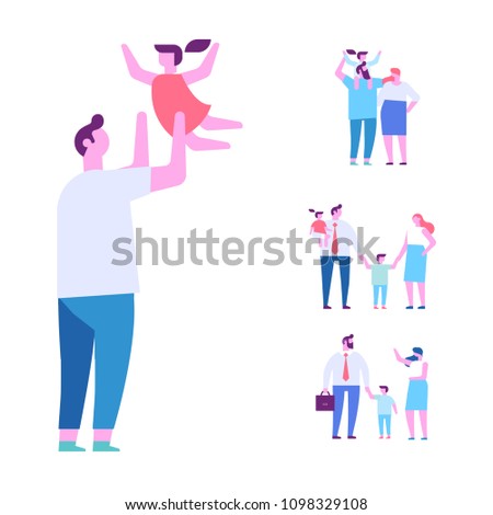 Father playing with his daughter. Happy family together. Flat vector illustration.