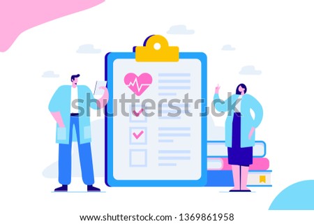 Health check up flat vector illustration concept. Health care. Male and female doctors holding medical form.