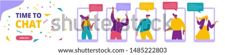 Online chat. People use smartphone for chatting in social media horizontal banner.  Communication, conversation, dialog. Messenger.  Flat vector illustration design.