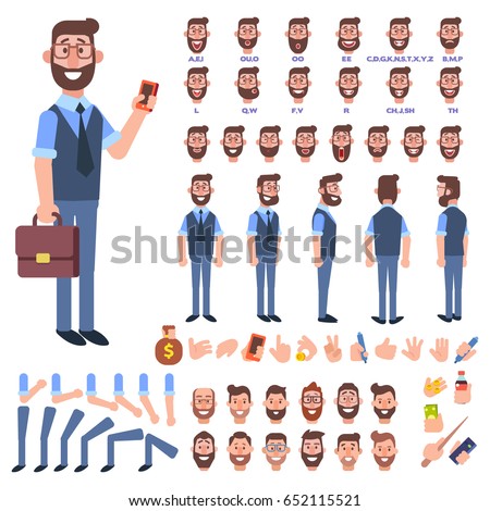 Front, side, back view animated character. Manager character creation set with various views, hairstyles, face emotions, poses and gestures. Cartoon style, flat vector illustration.