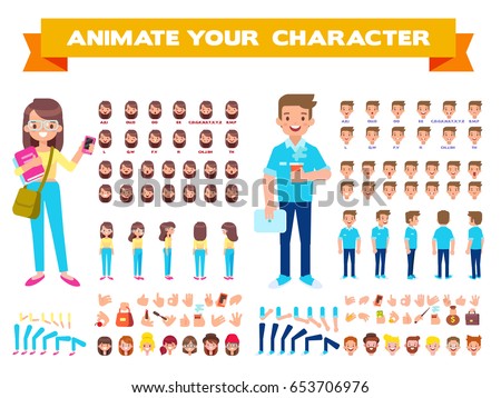 Front, side, back view animated characters. Male and female Students creation set with various views, hairstyles, face emotions, poses and gestures. Cartoon style, flat vector illustration.
