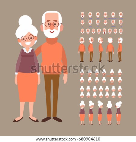 Front, side, back view animated characters. Grandparents creation set with various views, face emotions. Cartoon style, flat vector illustration.
