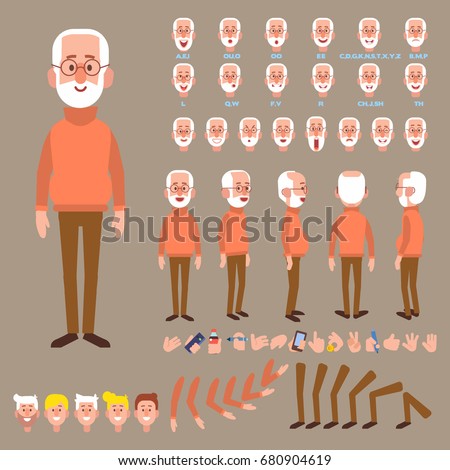 Front, side, back view animated character. Elderly  man character creation set with various views, hairstyles, face emotions, poses and gestures. Cartoon style, flat vector illustration.
