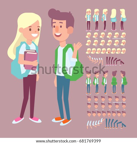 Front, side, back view animated character. Girl and boy friends  creation set with various views and  face emotions.  Cartoon style, flat vector illustration.