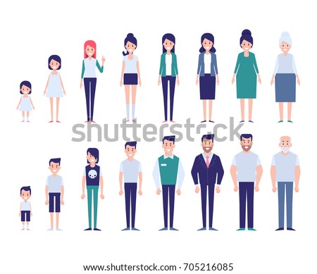 Set of characters in a flat style. Men and women characters, the cycle of life.