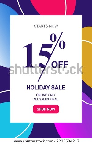 Holiday Sale Banner, 15% OFF Special Offer Ad. Year end Sale Promotion Banner. Discount Promotion Vector Banner. Price Discount Offer. Poster template or Modern Sale Promo Flyer