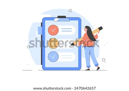 Online survey vector illustration concept, filling online survey form on gadgets, to do list paper note. Filling up survey form