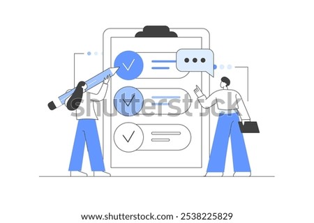 Filling online survey form on gadgets, to do list paper note. Online survey. Customer service and user experience concept. Vector Illustration, icon. Stylish, Minimalist line, abstract