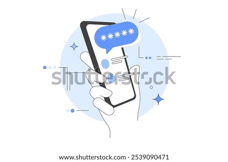 Character hand holding smartphone and typing two factor authentication code, pin to verify their id and security access. Vector Illustration, icon. Stylish, Minimalist line, abstract