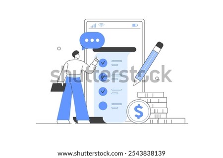 Character Calculating Long Bill or Invoice Online, Filling From, Analyzing Financial Data. Income Management Concept. Vector Illustration, icon. Stylish, Minimalist 