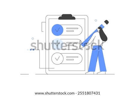 Customer feedback and user experience. Online survey vector illustration concept, filling online survey form on gadgets, to do list paper note. Flat Cartoon Vector Illustration, icon. Stylish abstract