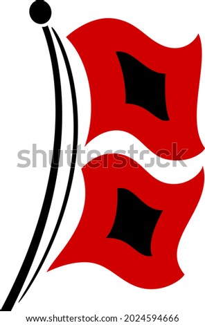 Vector illustration of blowing red and black hurricane warning flags on a black flagpole.
