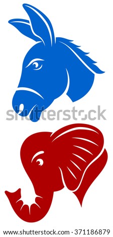 Vector illustration of a blue Democratic donkey and red Republican elephant.