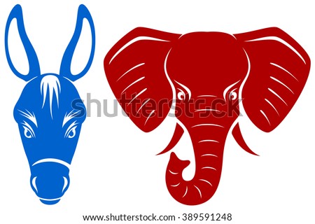 Vector illustration of a blue Democratic donkey and a red Republican elephant.