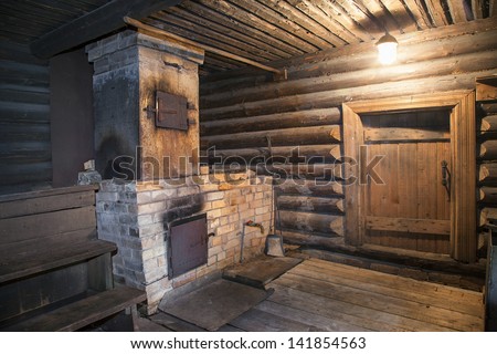 Interior of the Russian traditional wooden bath with stove