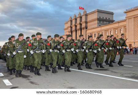 SAMARA, RUSSIA - MAY 6: Parade rehearsal before the Day of Victory in the Great Patriotic War on Square of Kuibyshev near Academic opera and ballet theater on May 6, 2013 in Samara, Russia.