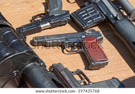 SAMARA, RUSSIA - MAY 31, 2014: Russian weapons. Automatic pistol of Stechkin was produced in a Soviet union. It one of the best auto pistols