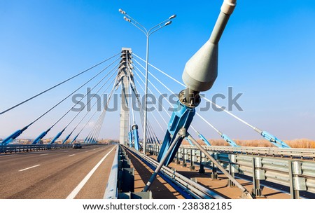 SAMARA, RUSSIA - OCTOBER 12, 2014: Cable bridge across the Samara river in Kirovsky district of Samara city, Russia. Was build in october, 2014
