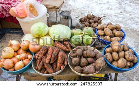 Raw vegetables ready for sale at the local street market in Samara, Russia