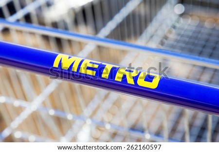 SAMARA, RUSSIA - MARCH 14, 2015: Large empty blue shopping cart Metro store. Metro Group is a German global diversified retail group based in Dusseldorf