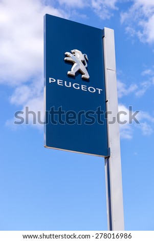 SAMARA, RUSSIA - MAY 11, 2015: Official dealership sign of Peugeot. Peugeot is a French car brand, part of PSA Peugeot Citroen