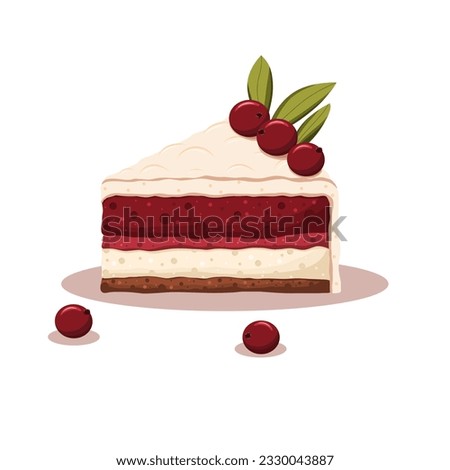 A piece of chocolate cake with red currants and vanilla filling. Vector illustration. Hand-drawn.