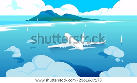 Vector illustration of an airplane flies over the clouds to an island