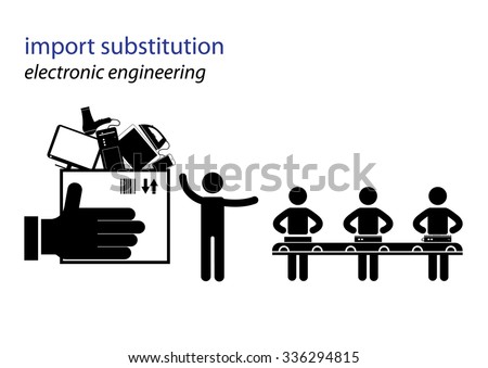 Vector black and white illustration. Import substitution industrialization. Manufacturing electronics.