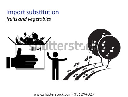 Vector black and white illustration. Import substitution industrialization. Vegetables and fruits.