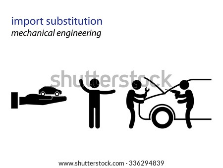 Vector black and white illustration. Import substitution industrialization. Mechanical engineering.