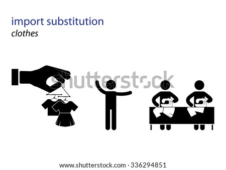 Vector black and white illustration. Import substitution industrialization. ?lothing production.