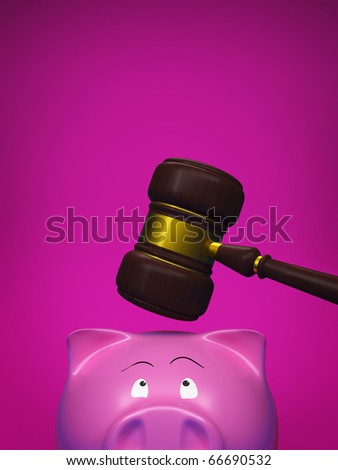 piggy bank and gavel over it with place for your text on pink background