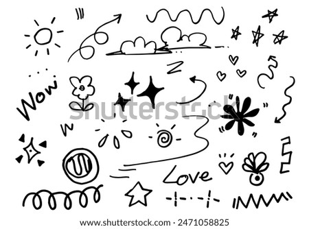 Doodle cute glitter pen line elements. Doodle heart, arrow, star, sparkle decoration symbol set icon. Simple sketch line style emphasis, attention, pattern elements. Vector illustration.