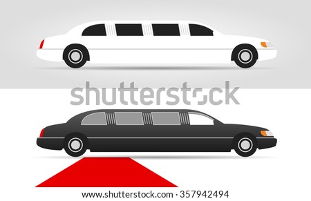 White limo and black limousine with red carpet