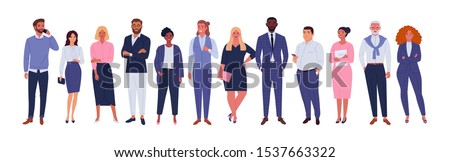 Business multinational team. Vector illustration of diverse cartoon men and women of various races, ages and body type in office outfits. Isolated on white. 商業照片 © 